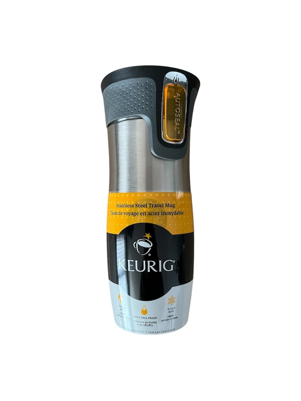 Keurig Stainless Steel Travel Mug with Gray Lid and Yellow Accent
